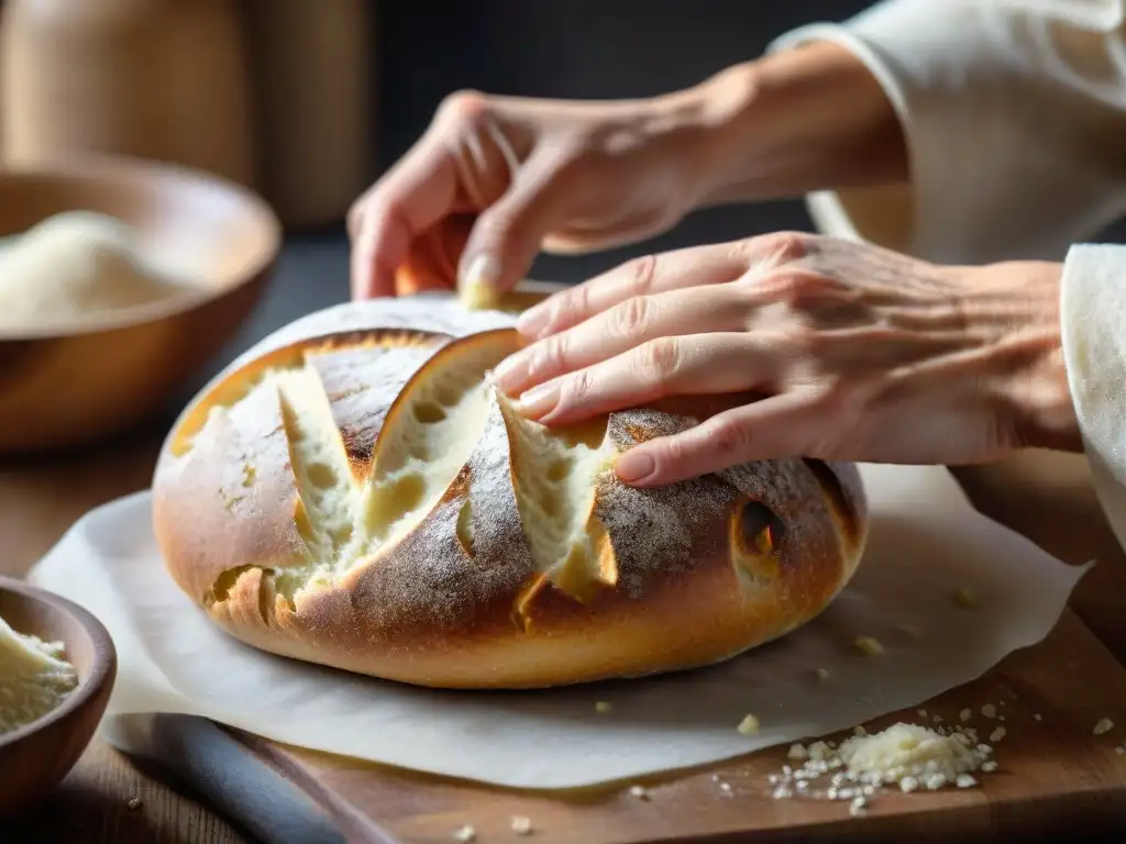 Un pan sin gluten en proceso de fermentación, amasado con destreza en una superficie de madera rústica