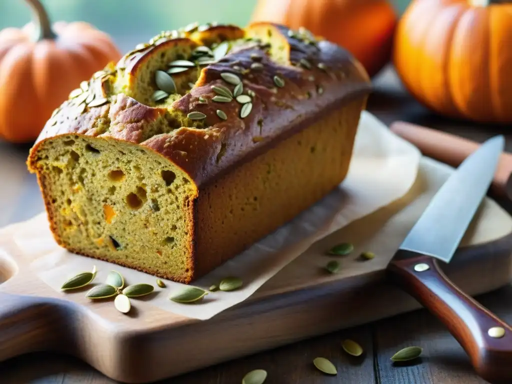 Un pan sin gluten con semillas de calabaza recién horneado, en una escena cálida y acogedora con calabazas y semillas esparcidas