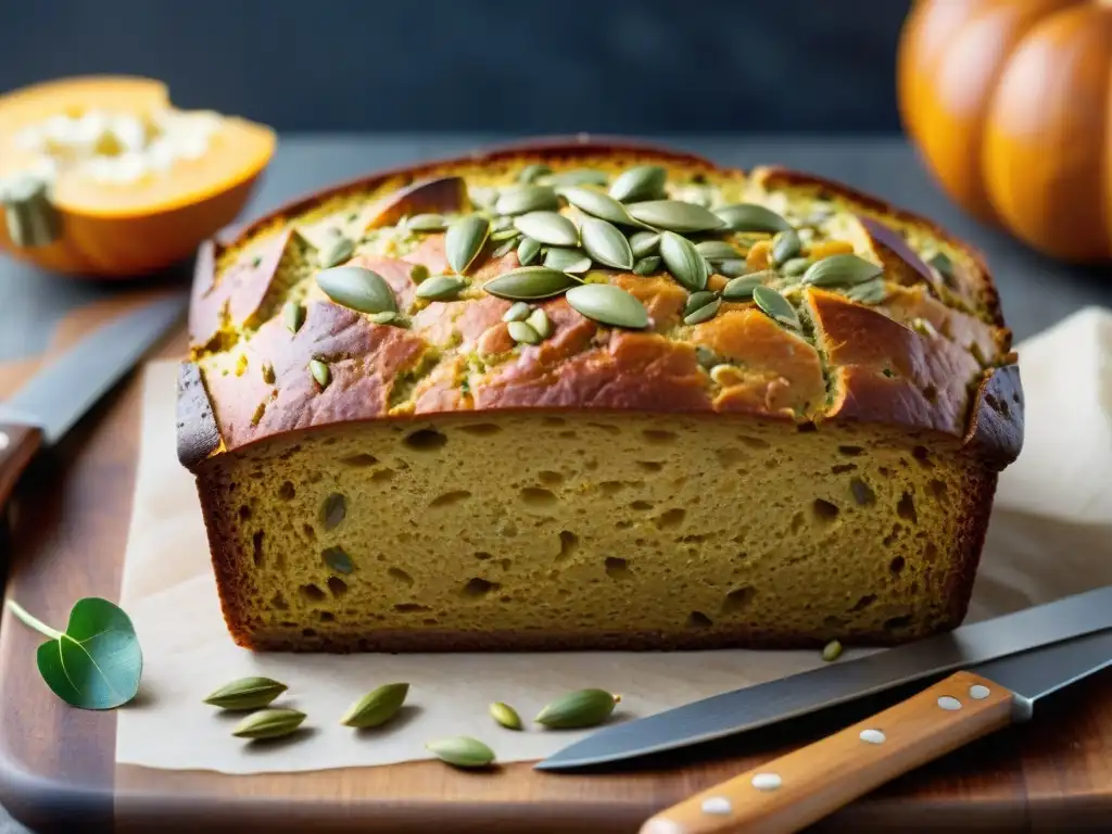 Pan sin gluten con semillas de calabaza recién horneado en tabla de madera rústica, corteza dorada y vapor