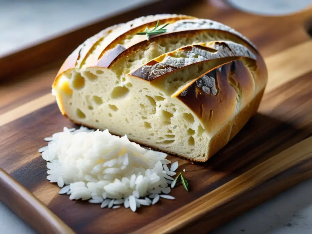 Un pan sin gluten de textura perfecta sobre tabla de madera, rodeado de harina y romero fresco