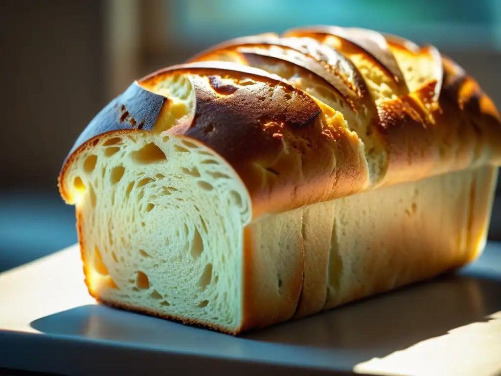 Pan sin gluten con textura perfecta, recién horneado y tentadoramente crujiente, bañado por la cálida luz del sol