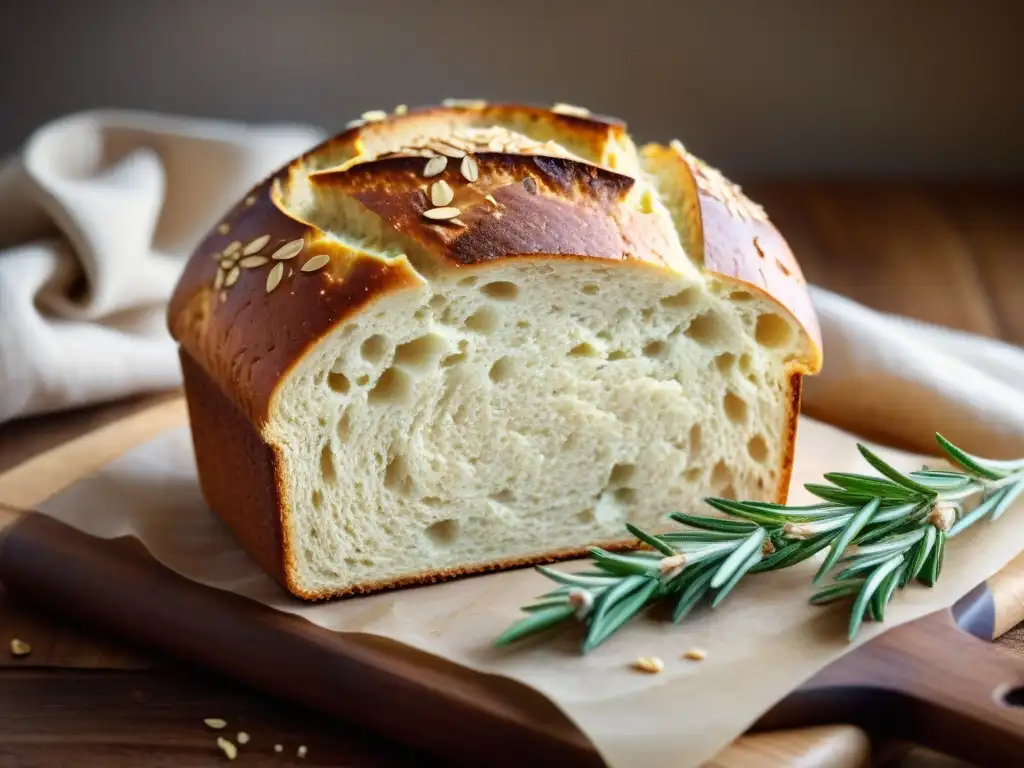 Pan de harina de avena sin gluten recién horneado en tabla de madera rústica, con corteza dorada y avena esparcida, evocando calidez casera