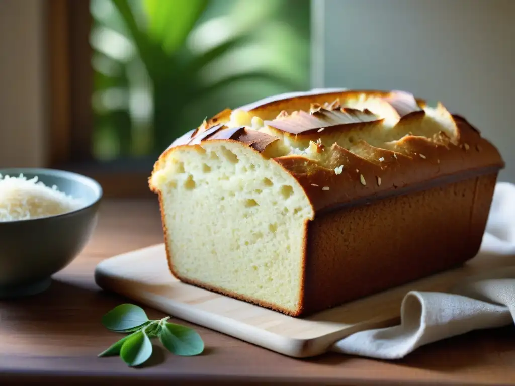 Pan de harina de coco recién horneado, con corteza crujiente y coco rallado