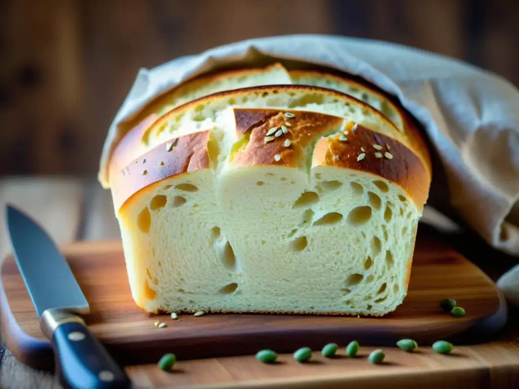 Pan sin gluten recién horneado en casa, corteza dorada y semillas, sobre tabla de madera rústica con cuchillo