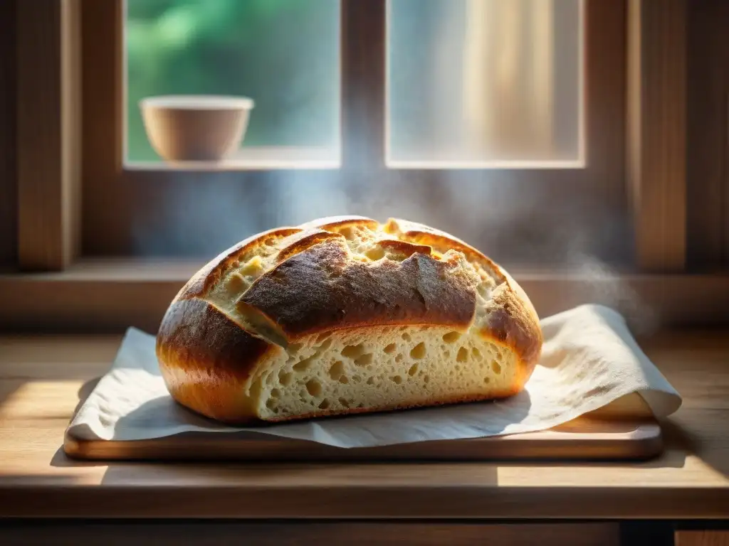 Pan sin gluten recién horneado en cocina acogedora