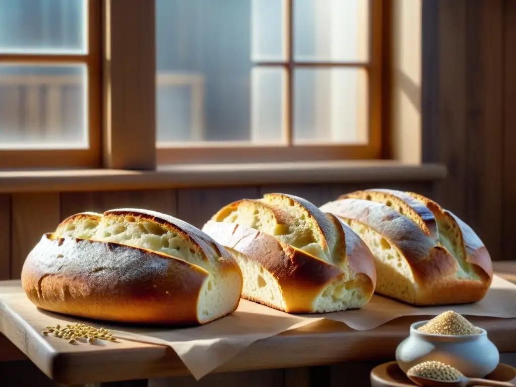 Pan sin gluten recién horneado en una cocina cálida y acogedora