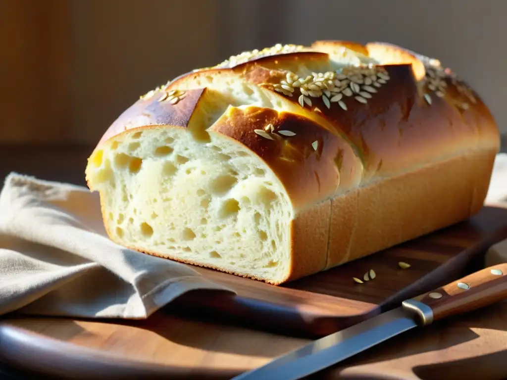 Un pan sin gluten recién horneado con una corteza dorada, semillas y una textura esponjosa