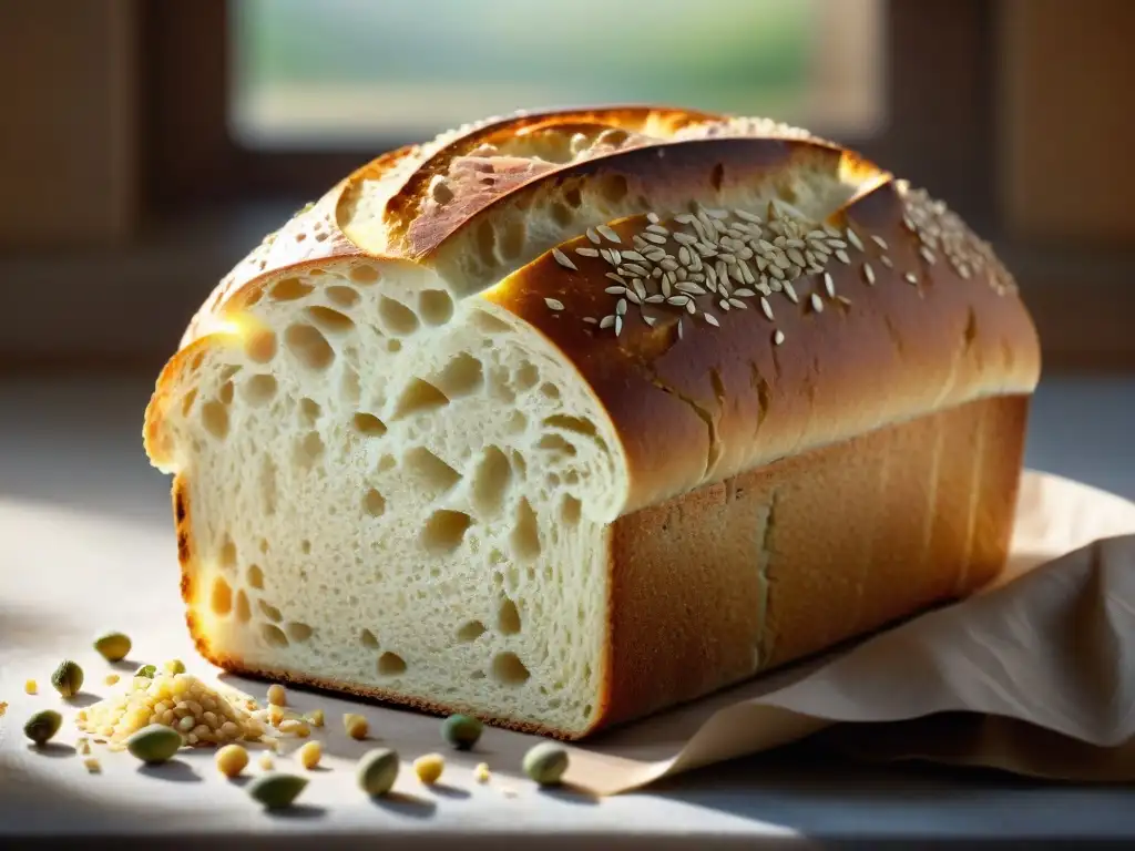 Un pan sin gluten recién horneado, con una corteza dorada y crujiente, fibras visibles y semillas, bañado por la luz del sol