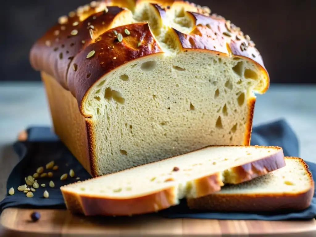 Un pan de quinoa sin gluten recién horneado, con una corteza dorada y semillas de quinoa, sobre una tabla de madera rústica