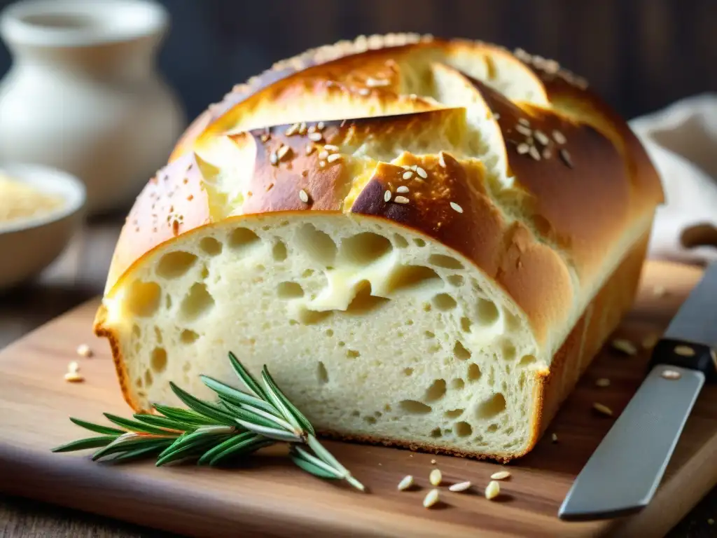 Un pan sin gluten fácil y rápido, recién horneado, con una corteza dorada y mantequilla derretida