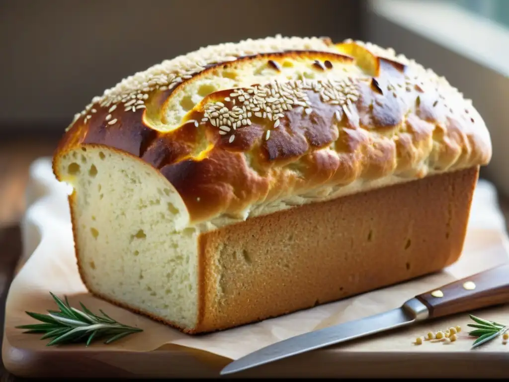 Un pan de quinoa recién horneado, con costra dorada brillante y aroma tentador