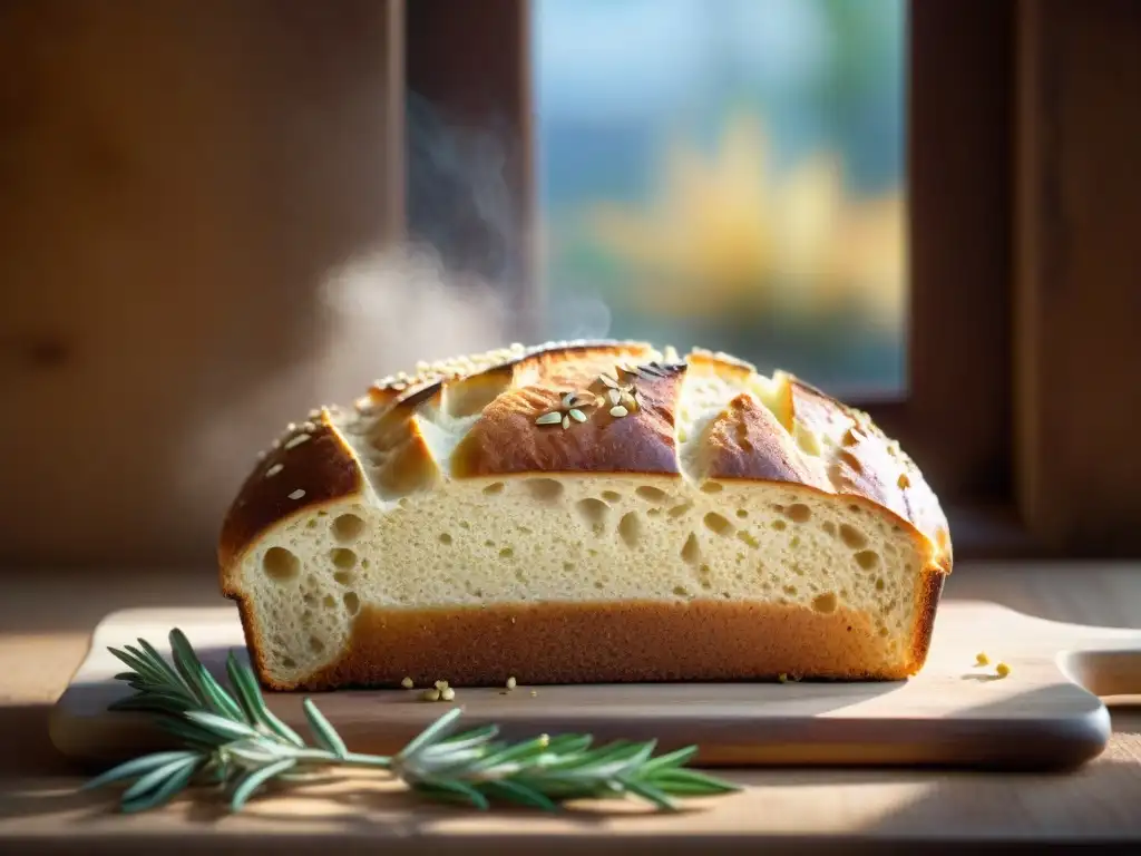 Un pan de quinoa recién horneado, esponjoso y nutritivo, con un toque de vapor