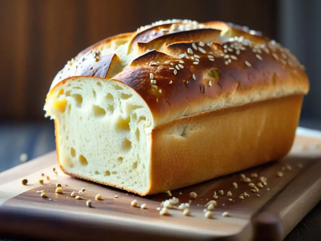 Pan sin gluten recién horneado con fermentación perfecta, corteza crujiente y semillas de sésamo, sobre tabla de madera rústica