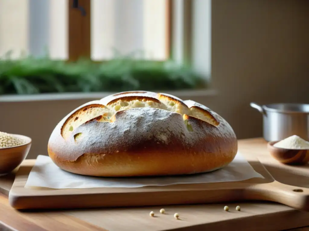 Pan sin gluten recién horneado equilibra humedad en cocina serena, con utensilios artesanales y luz natural