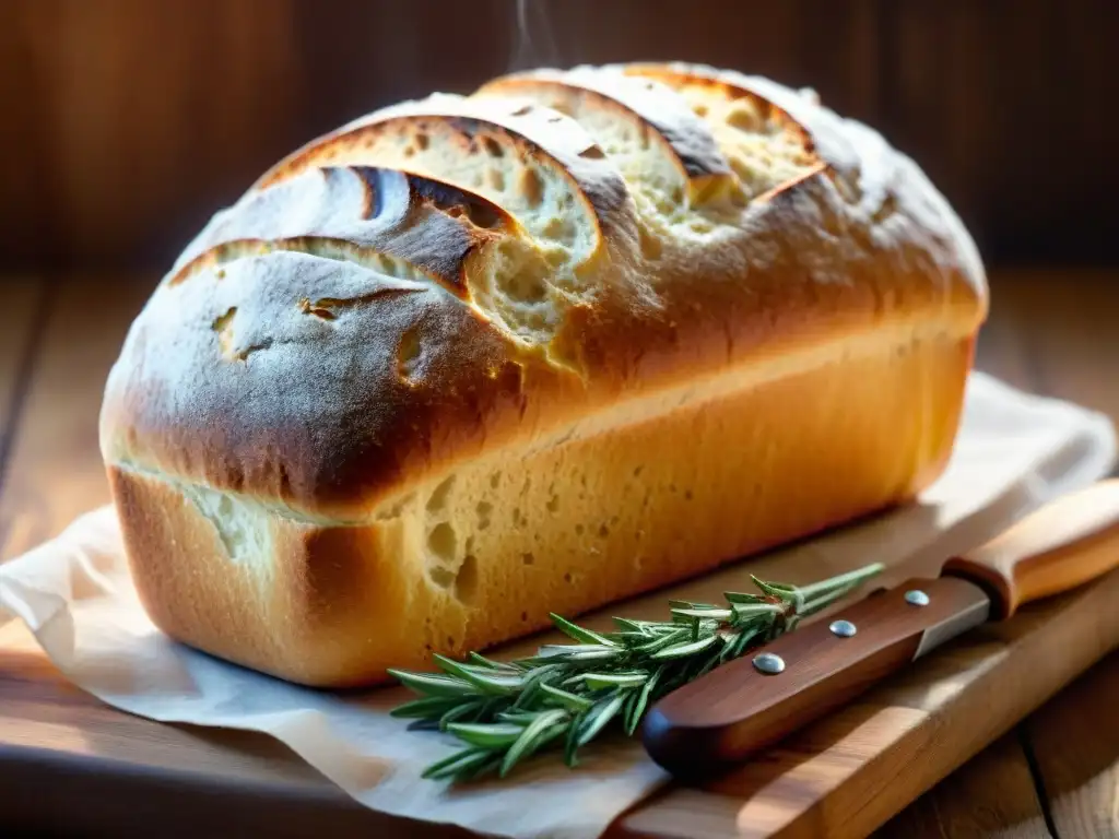 Pan sin gluten recién horneado en invierno, cálido y acogedor, con hierbas y harina esparcidas