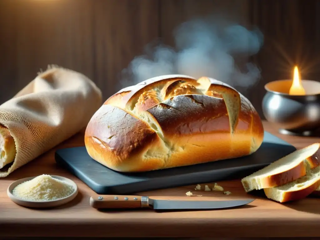 Pan sin gluten recién horneado en una mesa rústica, con detalles realistas y ambiente cálido