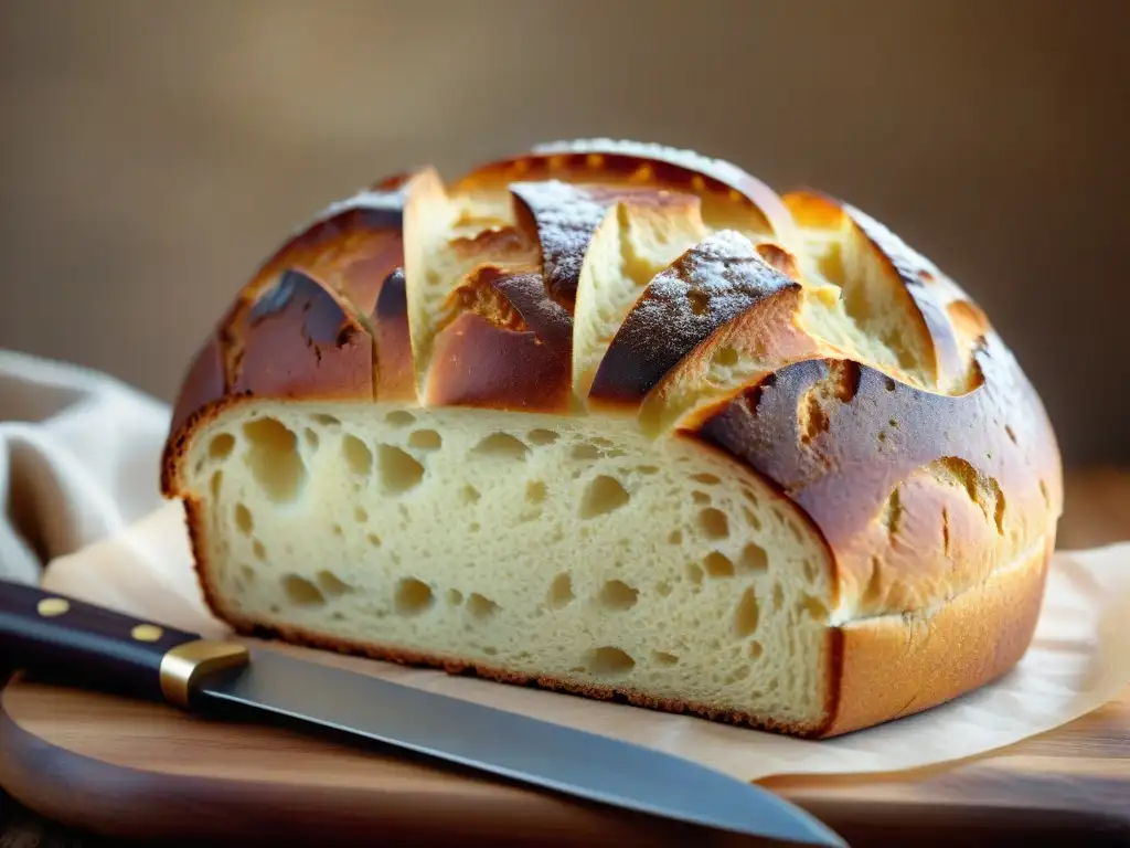 Un pan sin gluten recién horneado en primer plano, con corteza dorada y miga suave, sobre tabla de madera rústica