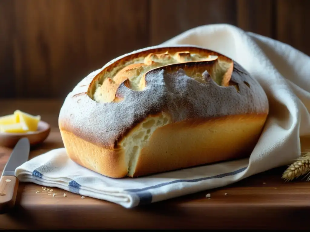 Pan sin gluten recién horneado sobre tabla de madera, harina esparcida y toalla de cocina vintage