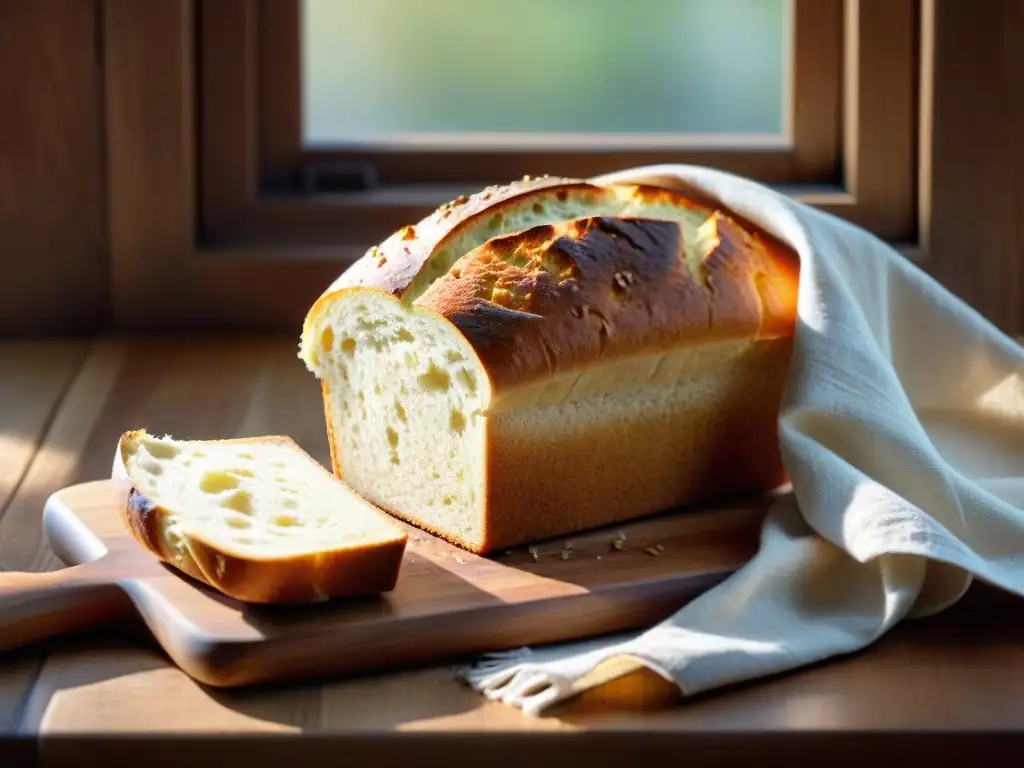 Un pan sin gluten recién horneado sobre tabla de madera rústica, bañado por luz cálida