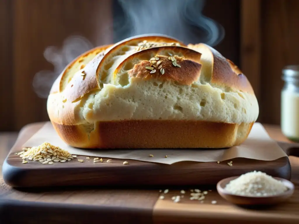 Pan sin gluten recién horneado en una tabla de madera rústica con ingredientes esparcidos, luz cálida y acogedora