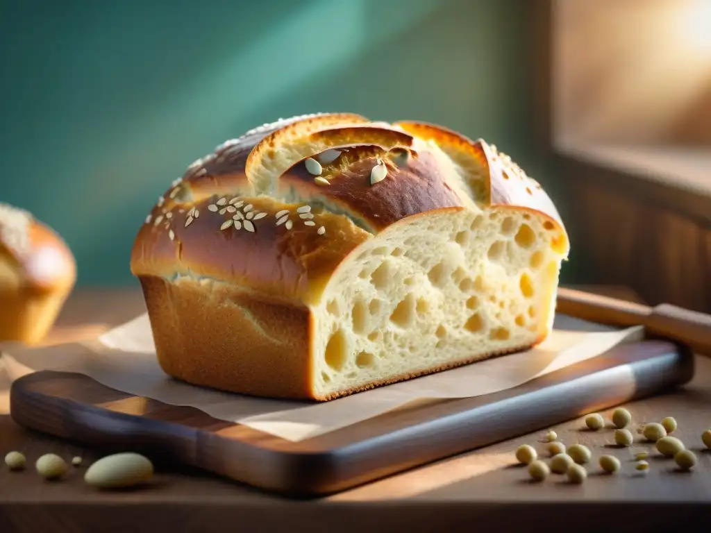 Pan sin gluten recién horneado en tabla de madera rústica, con semillas de xantano y goma guar