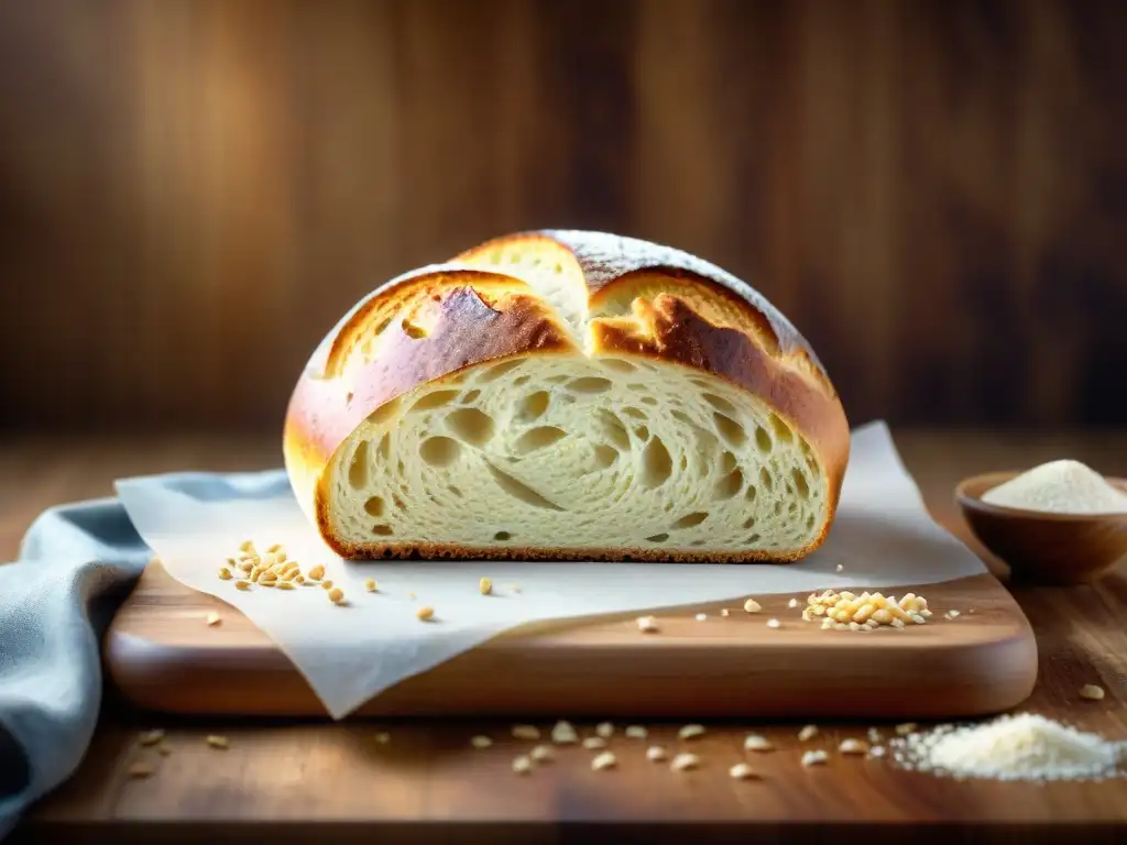 Un pan sin gluten recién horneado sobre tabla de madera rústica con granos sin gluten esparcidos, emanando calidez