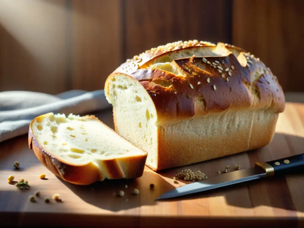 Un pan sin gluten recién horneado en tabla de madera rústica con granos esparcidos, iluminado por luz solar