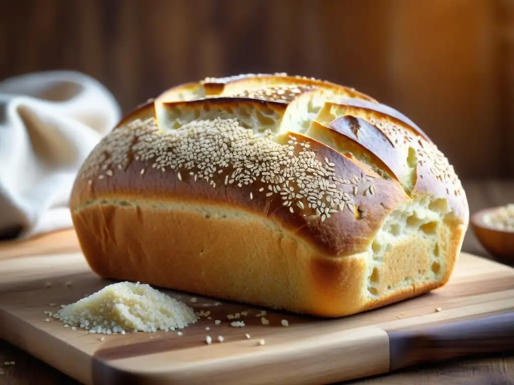 Un pan sin gluten recién horneado en tabla rústica, con granos de quinoa y chía