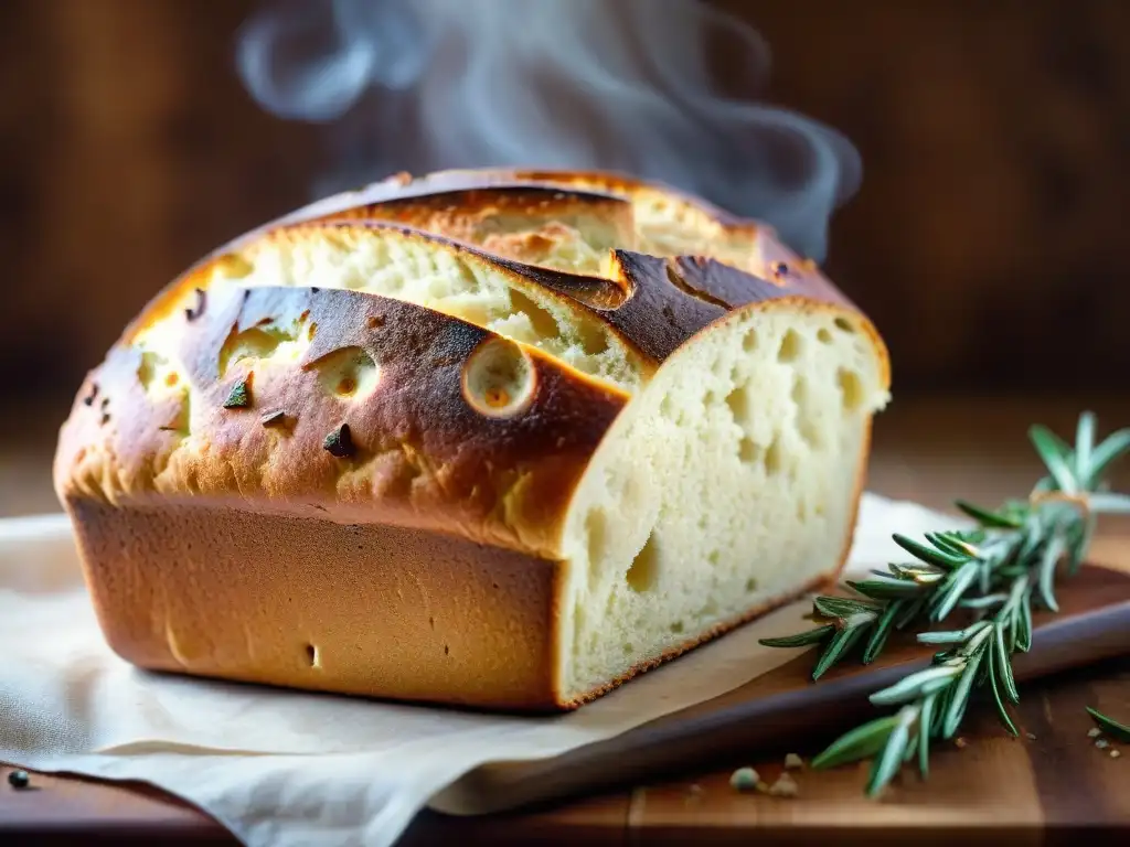 Pan sin gluten recién horneado con vapor, harina esparcida y timer en fondo