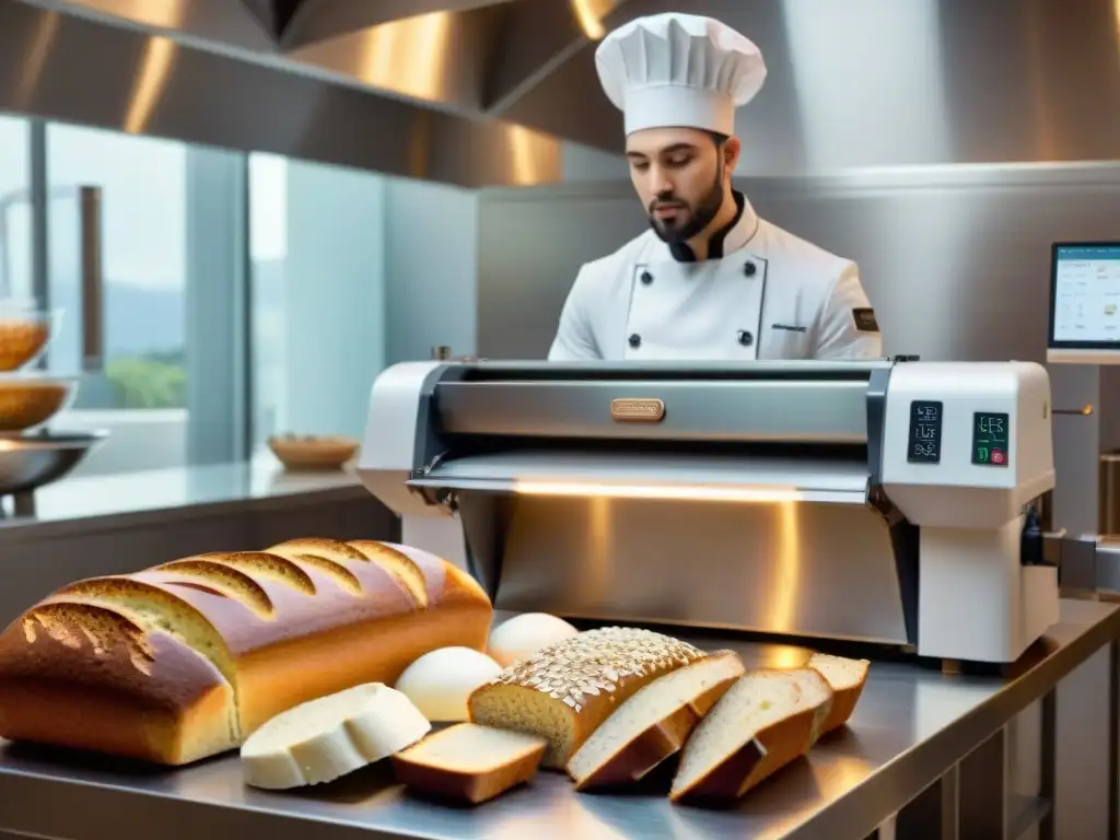 Pan sin gluten en máquina: innovación y creatividad en la cocina sin gluten, con ingredientes variados y máquina moderna iluminada
