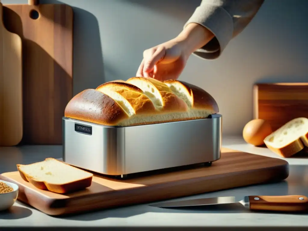 Pan sin gluten en máquina: Escena reconfortante de una máquina moderna para hornear pan sin gluten, con un delicioso pan recién horneado