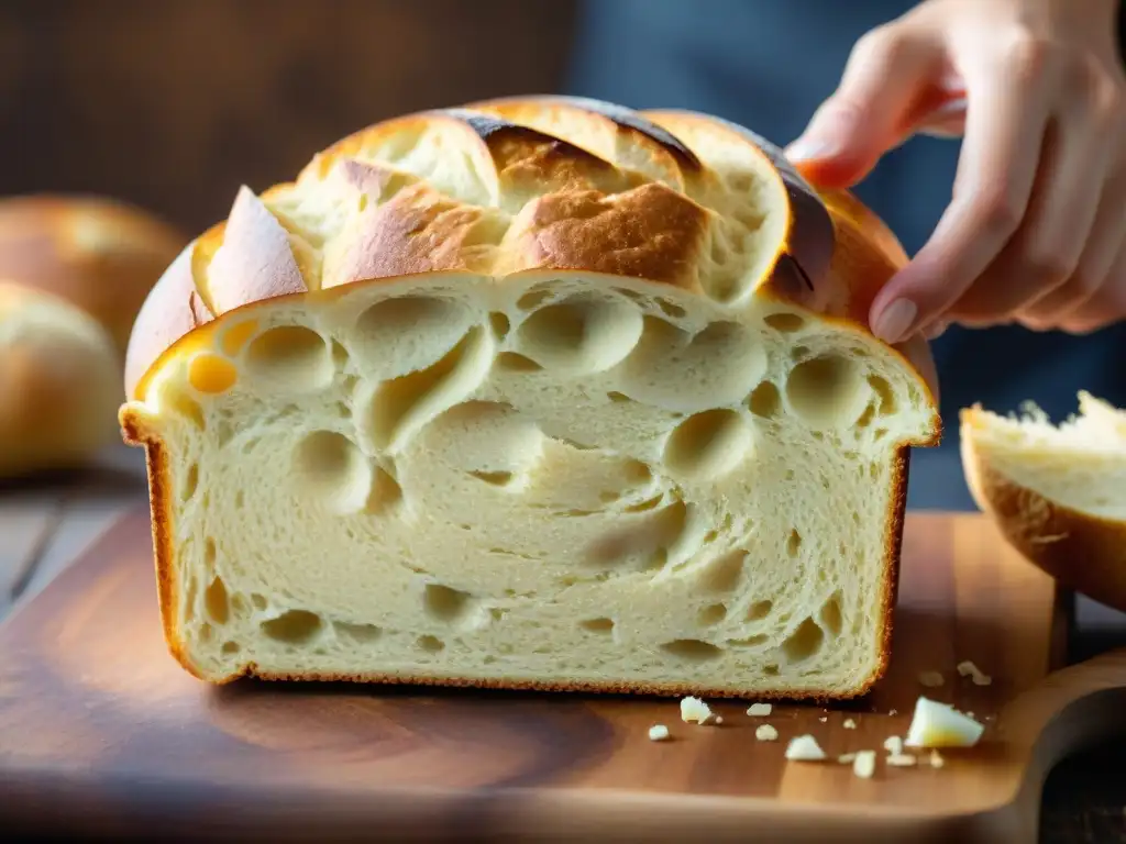 Pan sin gluten en máquina: Imagen cercana de un pan dorado recién horneado con corteza crujiente, sobre tabla rústica