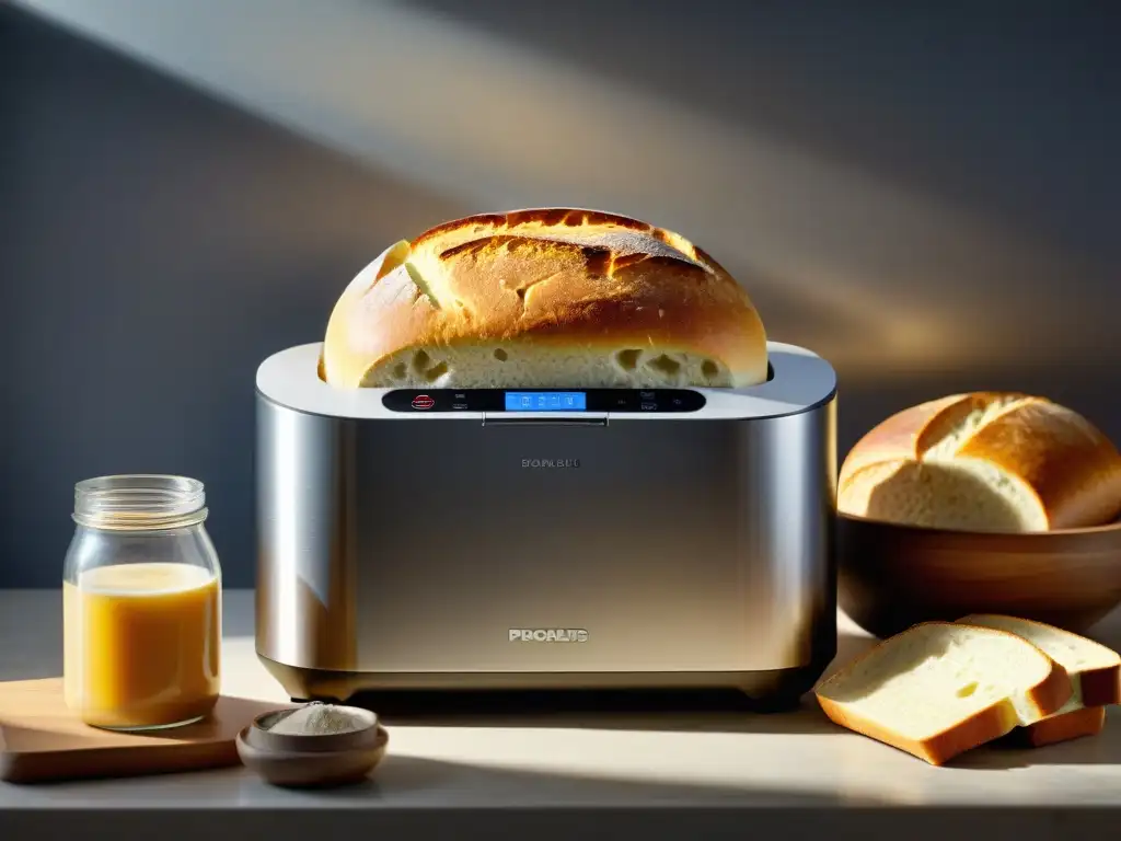 Pan sin gluten en máquina moderna, con ingredientes y luz cálida, amasando en proceso