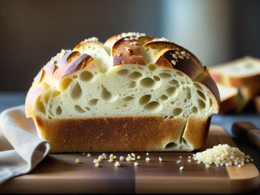 Un pan de masa madre sin gluten: dorado por fuera, esponjoso por dentro, rodeado de ingredientes saludables y luz natural