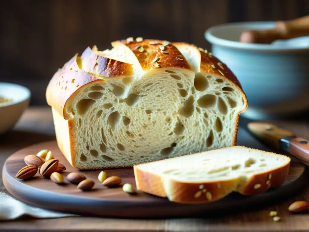 Rebanando un pan de masa madre con semillas y nueces, mostrando beneficios fibra fermentación pan sin gluten