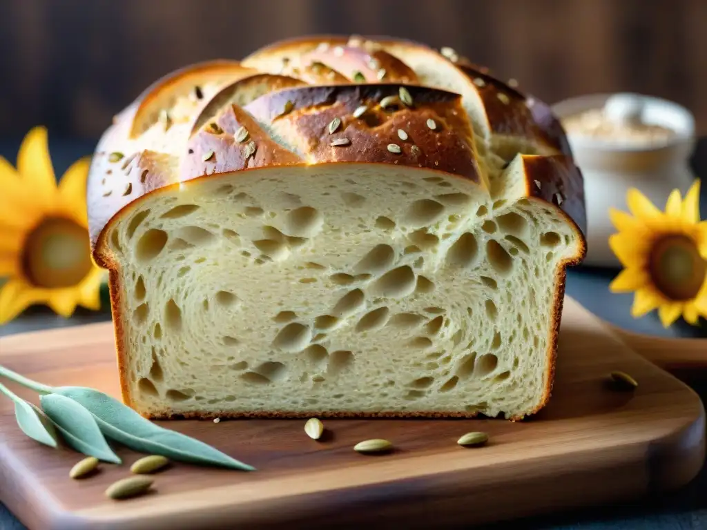 Pan multigrano sin gluten recién horneado en tabla de madera rústica, rodeado de semillas y vapor, en cocina acogedora