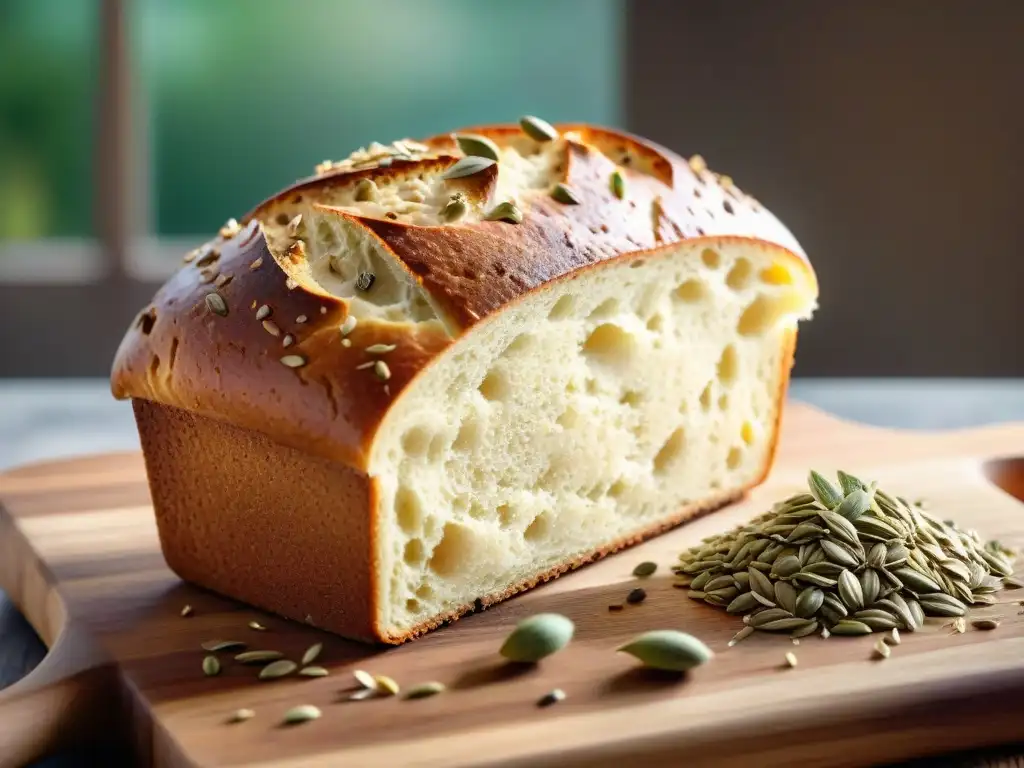 Pan multigrano sin gluten recién horneado en tabla de madera rústica, semillas de lino, chía y girasol