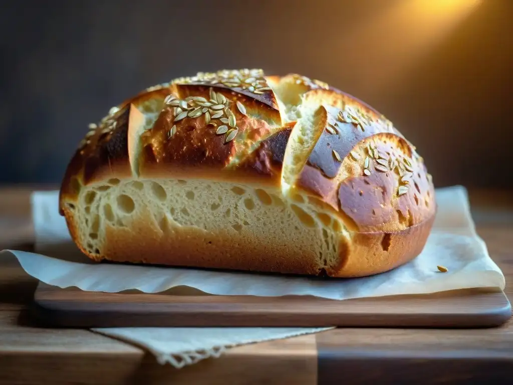 Pan sin gluten fácil y rápido: Delicioso pan recién horneado con una corteza dorada y brillante, sobre una mesa de madera rústica