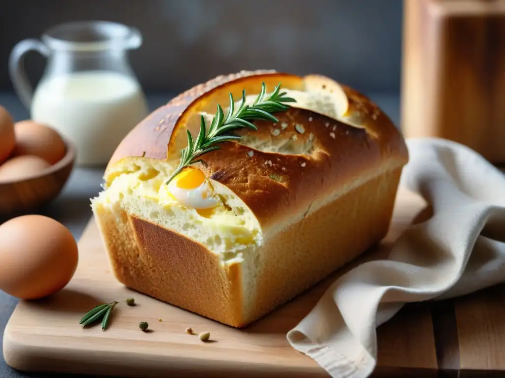 Pan sin gluten fácil y rápido: Detalle de un pan recién horneado con costra dorada, rodeado de ingredientes naturales en una tabla de madera rústica