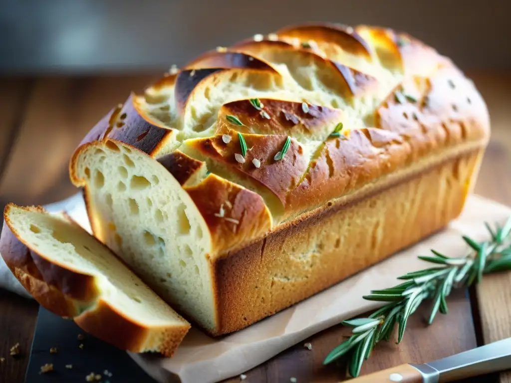 Pan sin gluten receta perfecta: hogaza horneada, corteza dorada, miga esponjosa, ramitas de romero y sal marina al lado en tabla rústica