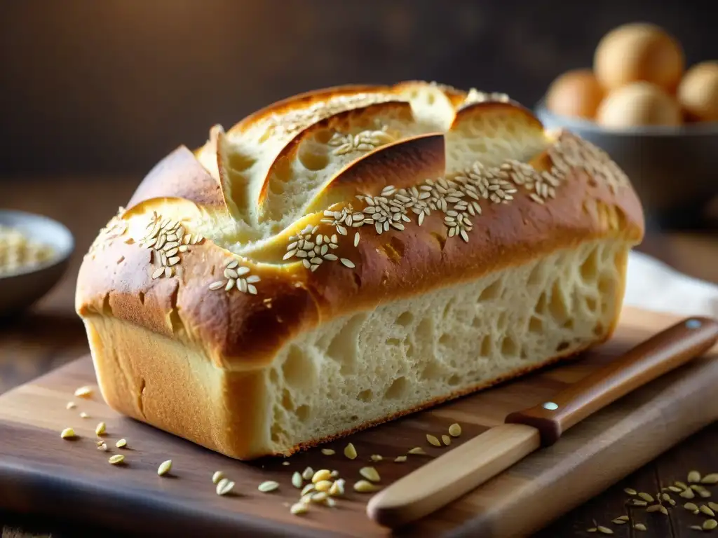 Pan sin gluten recetas caseras: Imagen realista de un pan recién horneado en tabla de madera, con corteza dorada y miga esponjosa