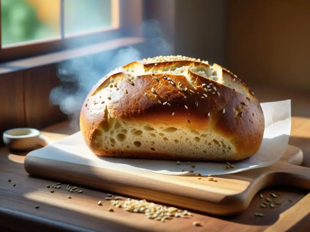 Pan sin gluten recetas caseras: pan recién horneado en tabla de madera, corteza dorada con semillas de lino, vapor y luz solar