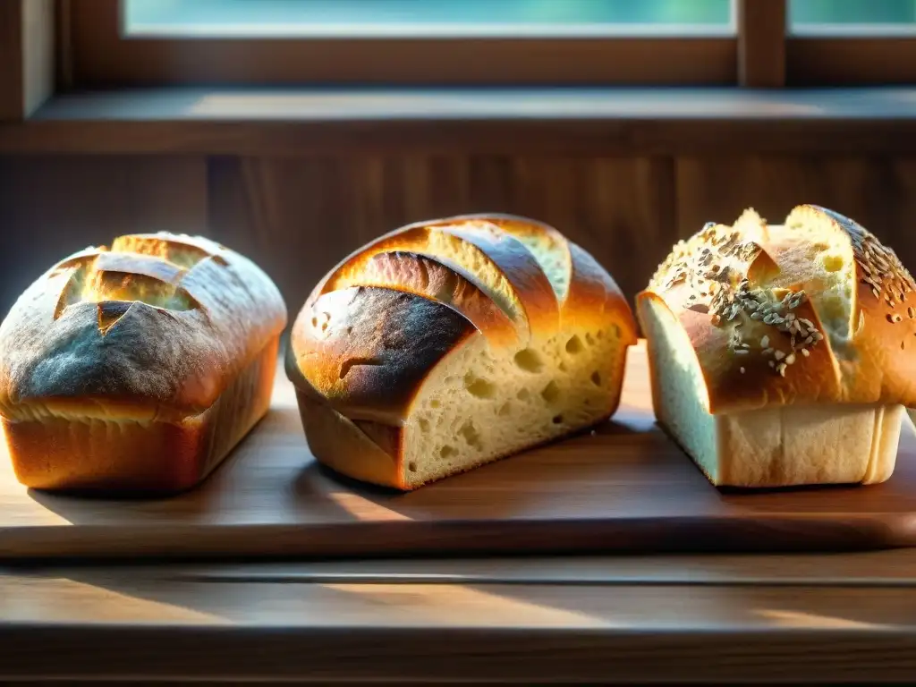 Pan sin gluten recetas innovadoras: Panes recién horneados en una mesa rústica, bañados por la cálida luz del sol, con texturas y formas variadas