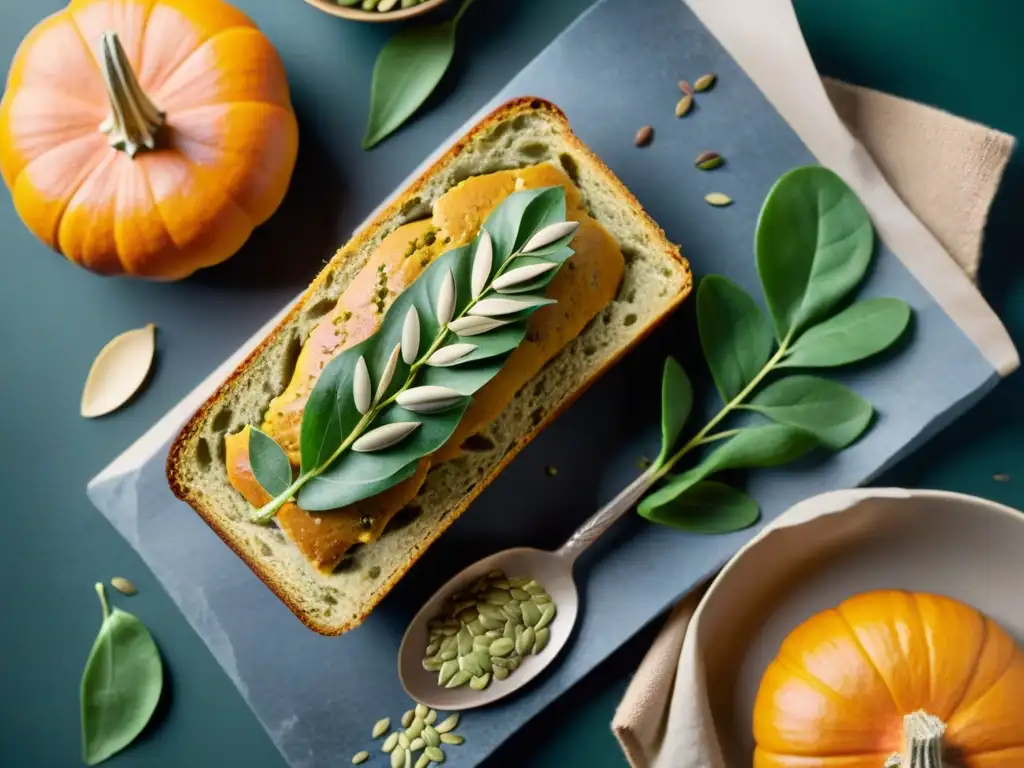 Deléitate con un pan de semillas de calabaza sin gluten, untado con mantequilla, rodeado de semillas tostadas y hojas verdes