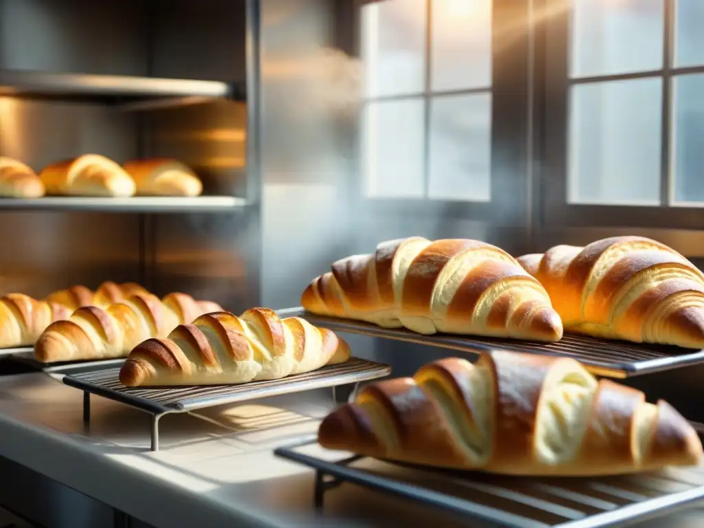 Una panadería francesa sin gluten llena de vida: croissants horneándose, baguettes enfriándose y un panadero experto creando deliciosos panes