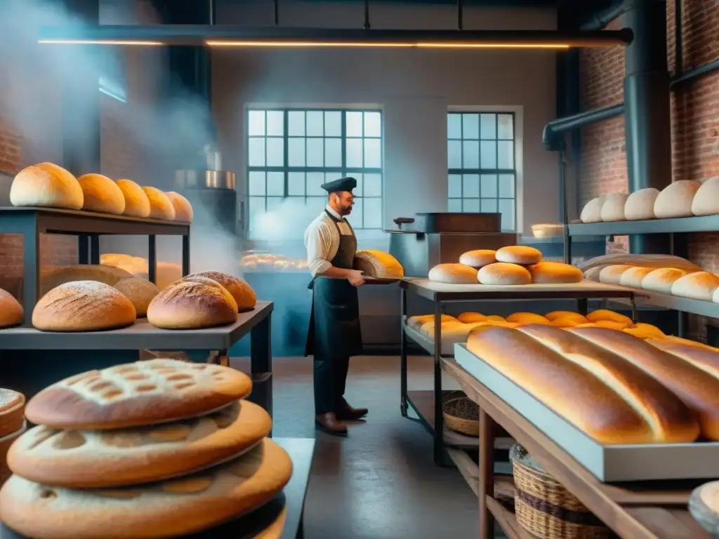 Panadería industrial del siglo XIX con trabajadores, hornos y pan sin gluten