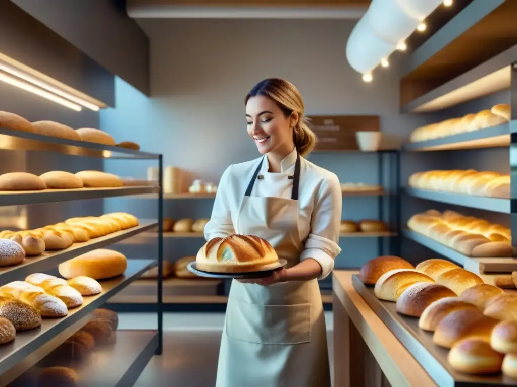 Panadería moderna con pan sin gluten artesanal en un ambiente cálido y acogedor