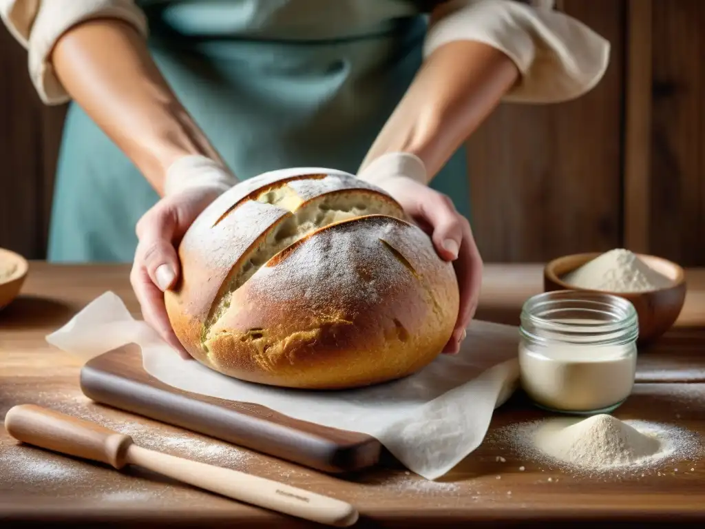 Un panadero amasa con cuidado una bola suave de masa de pan de centeno sin gluten en una cocina acogedora