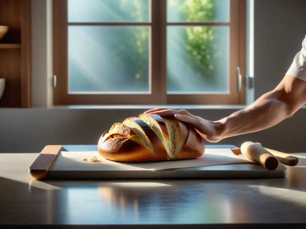 Un panadero mide con cuidado la harina sin gluten en una cocina moderna y luminosa