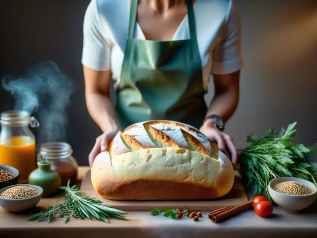 Un panadero moldea con cuidado una hermosa hogaza de pan sin gluten rodeado de ingredientes coloridos y aromáticos